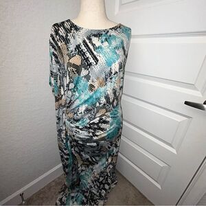 Nick Verreos Snake Skin Print One Dolman Sleeve  Ruched Side Maxi Dress